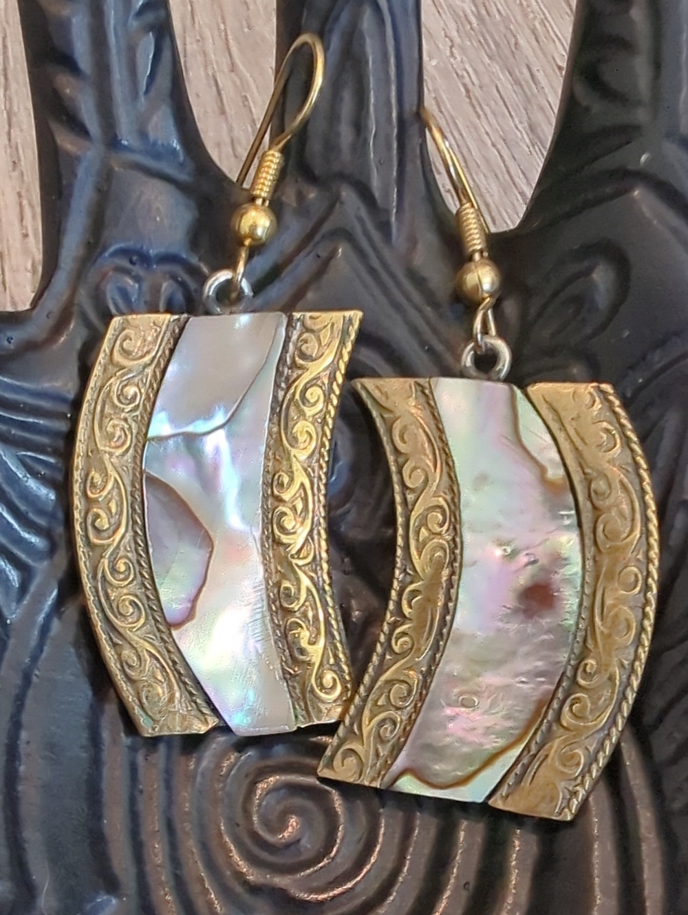 Vintage Mexico Abalone Inlay Dangle Earrings